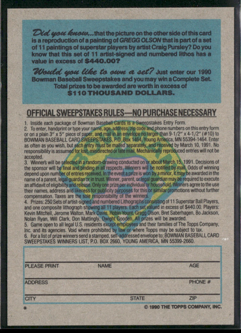 Gregg Olson 1990 Bowman Sweepstakes #NNO Baltimore Orioles