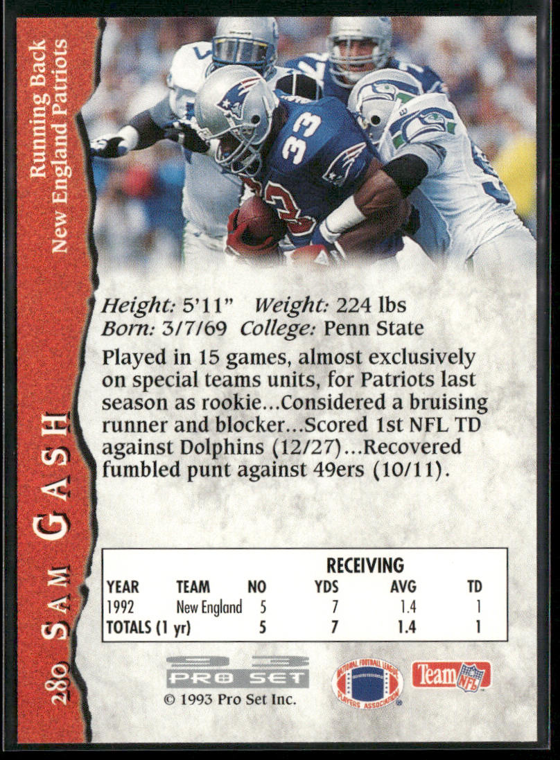 Sam Gash 1993 Pro Set #280 RC New England Patriots