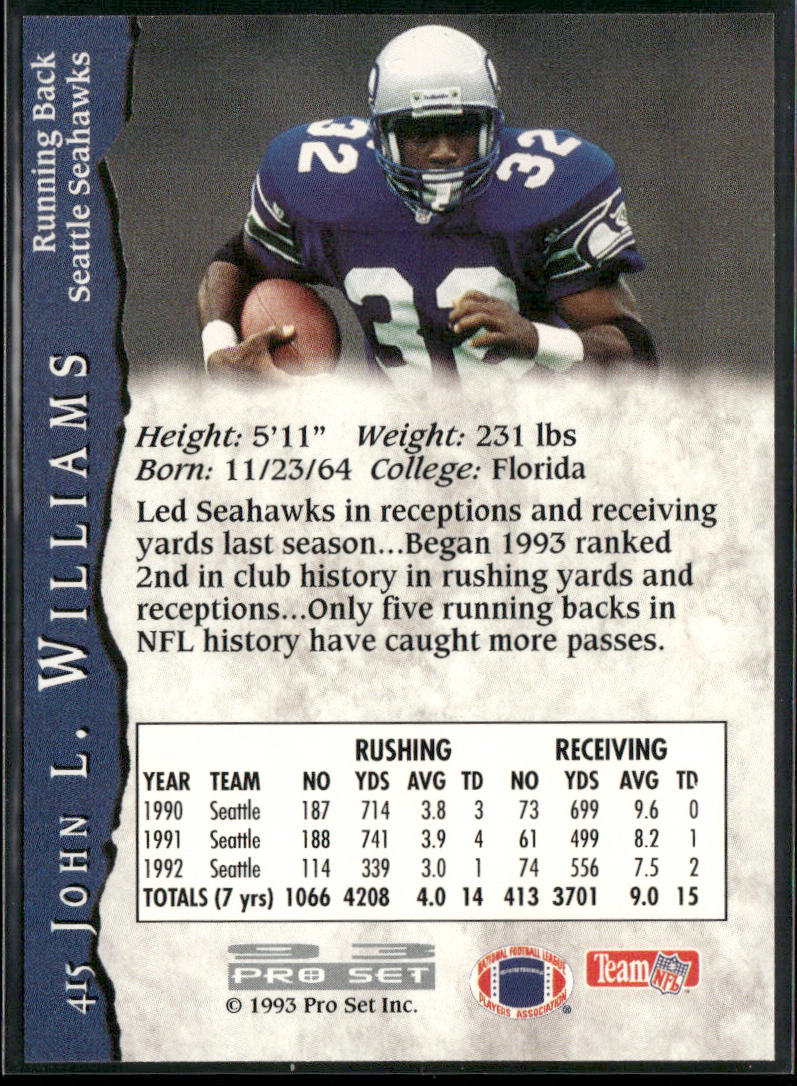 John L. Williams 1993 Pro Set #415 Seattle Seahawks