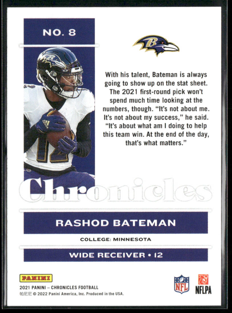 Rashod Bateman 2021 Panini Chronicles #8 RC Baltimore Ravens