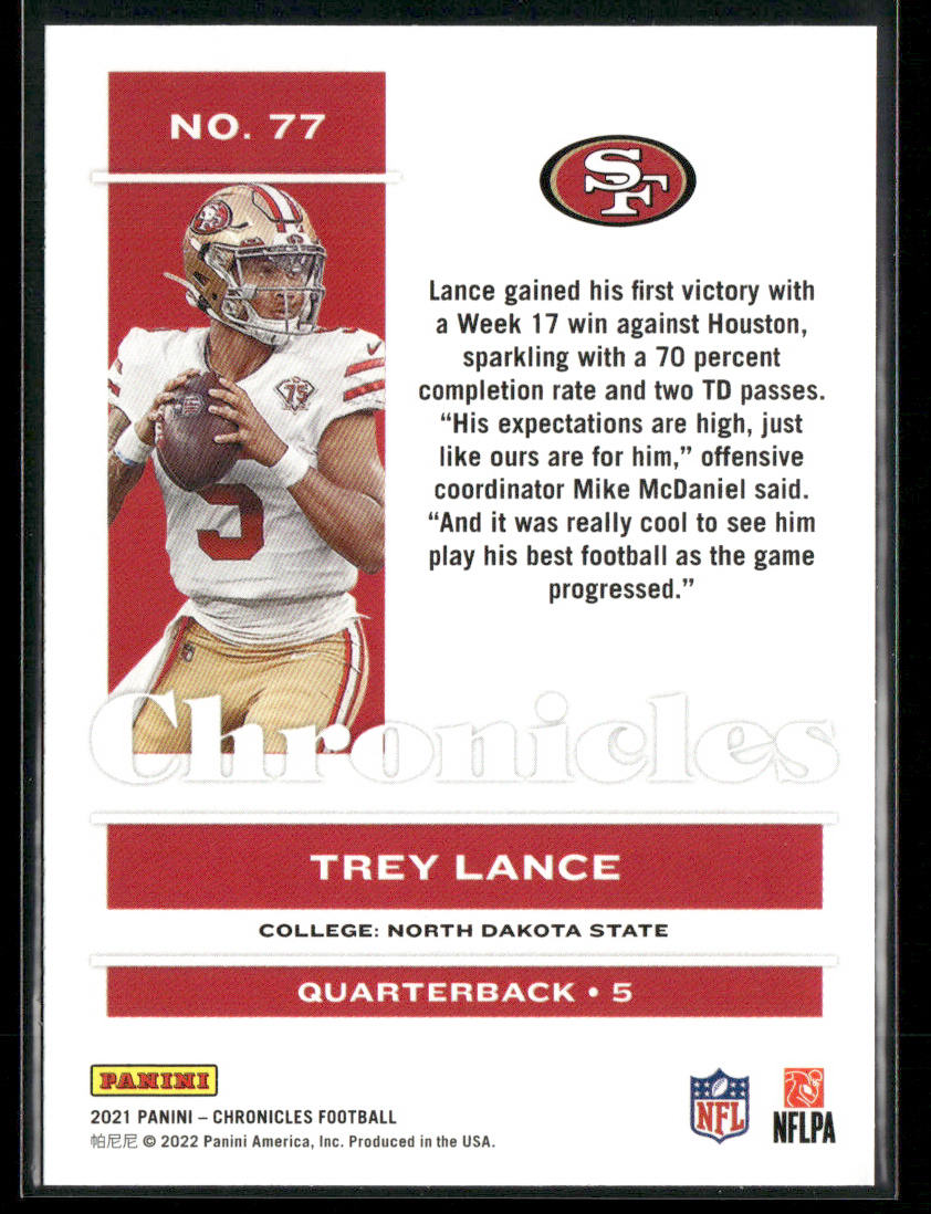 Trey Lance 2021 Panini Chronicles #77 RC San Francisco 49ers