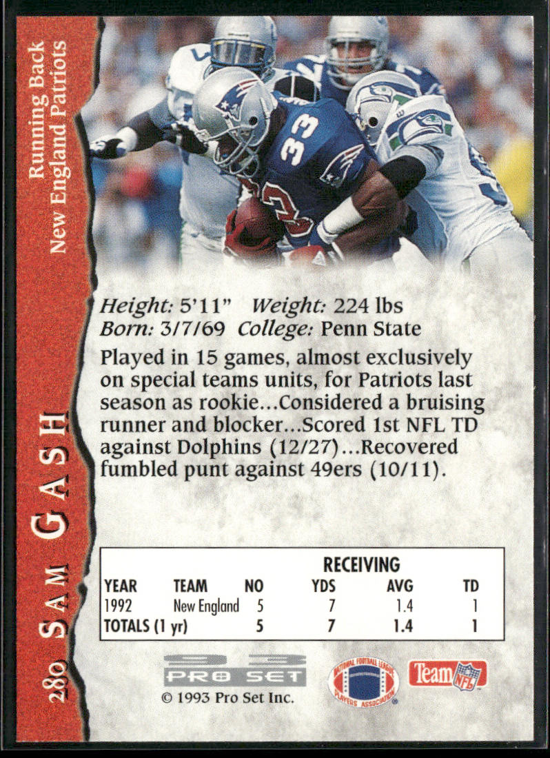 Sam Gash 1993 Pro Set #280 RC New England Patriots back