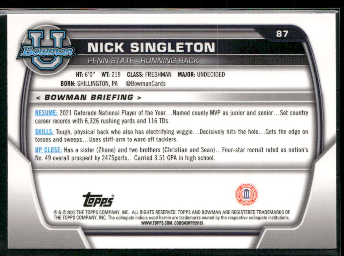 Nick Singleton 2022 Bowman University Chrome Pink Refractor #87 Nittany Lions