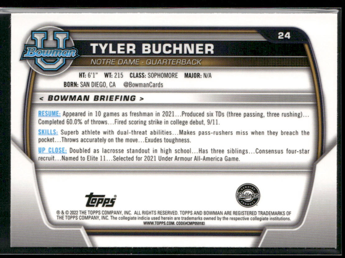 Tyler Buchner 2022 Bowman University Chrome #24 Notre Dame Fighting Irish