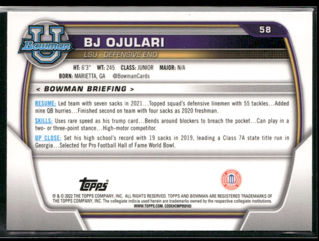 BJ Ojulari 2022 Bowman University Chrome #58 LSU Tigers