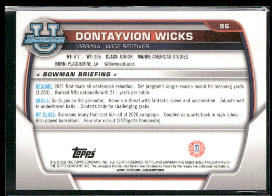 Dontayvion Wicks 2022 Bowman University Chrome #96 Virginia Cavaliers
