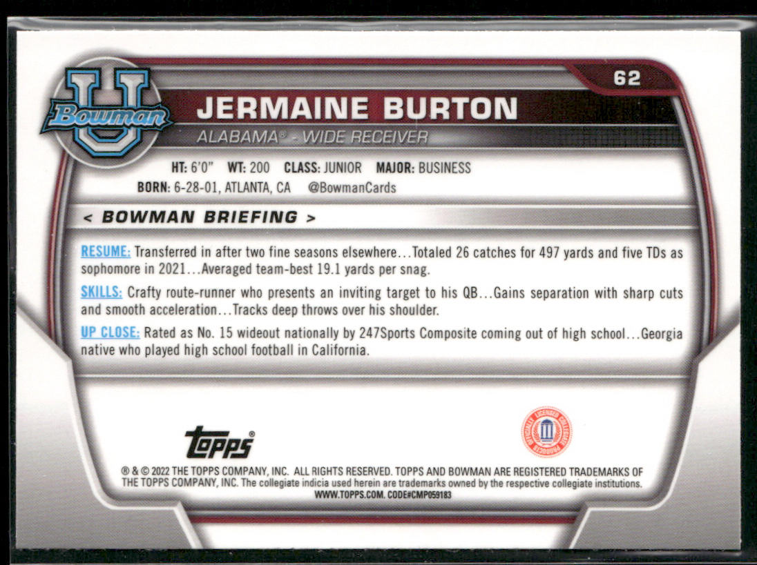 Jermaine Burton 2022 Bowman University Chrome #62 Alabama Crimson Tide