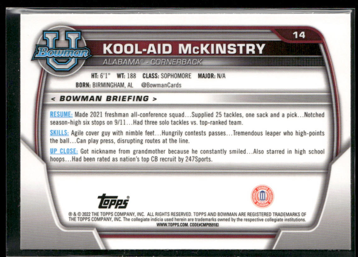 Kool-Aid McKinstry 2022 Bowman University Chrome #14 Alabama Crimson Tide