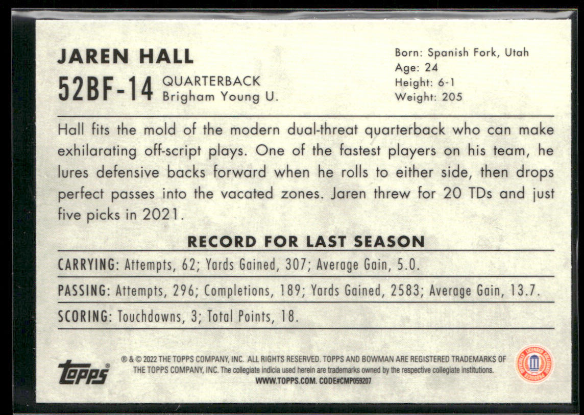 Jaren Hall 2022 Bowman University Chrome 1952 Bowman #52BF-14 BYU Cougars