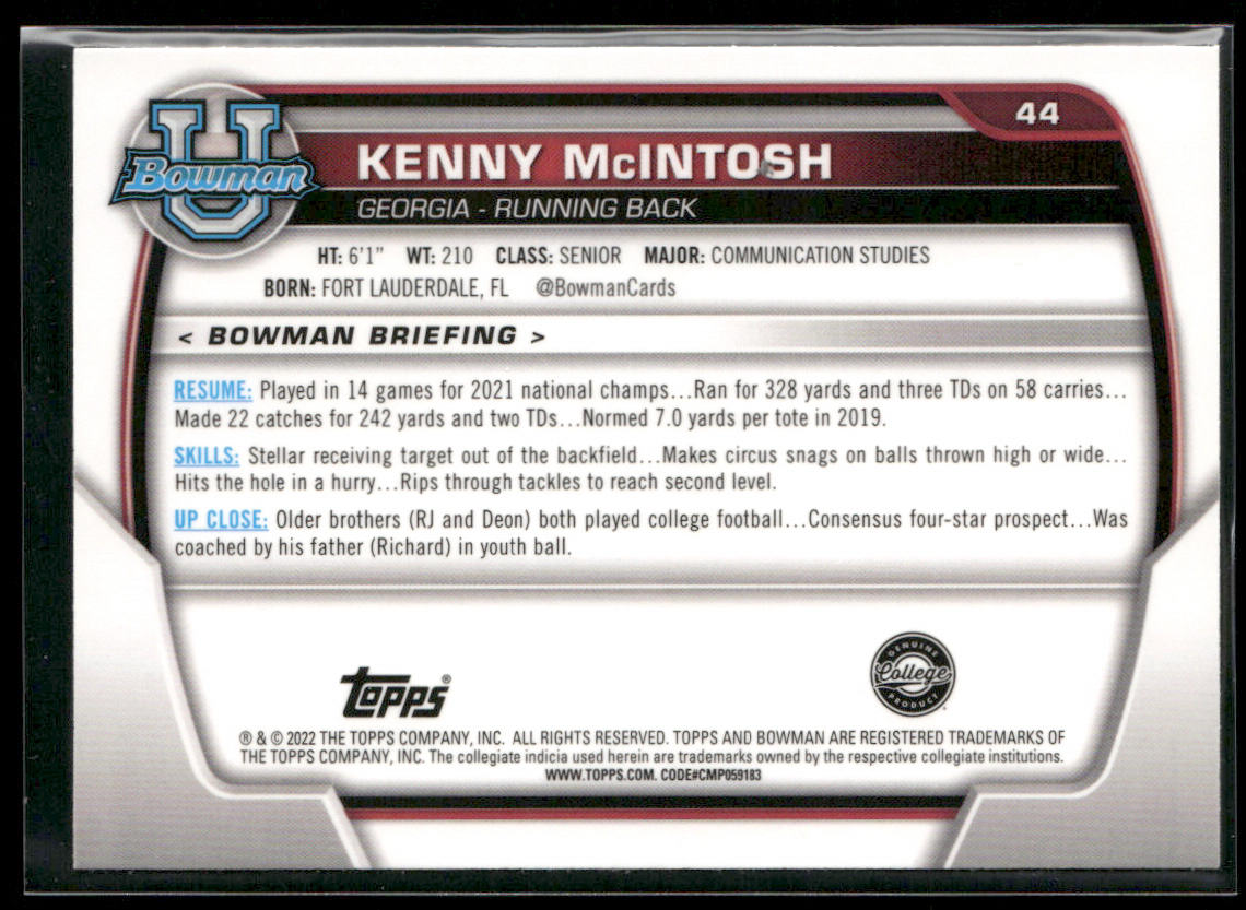 Kenny McIntosh 2022 Bowman University Chrome #44 Georgia Bulldogs