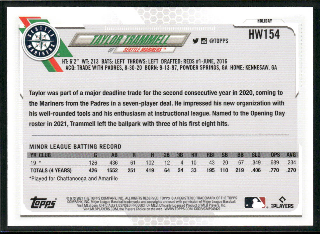 Taylor Trammell 2021 Topps Holiday #HW154 RC Seattle Mariners