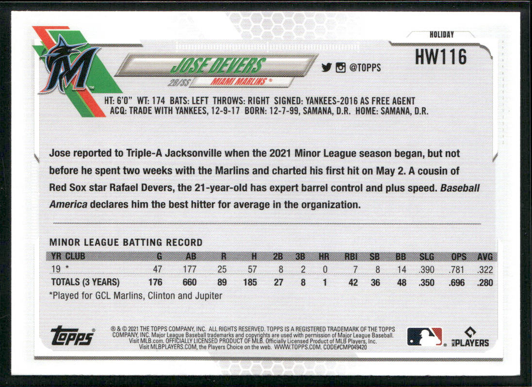 Jose Devers 2021 Topps Holiday #HW116 RC Miami Marlins