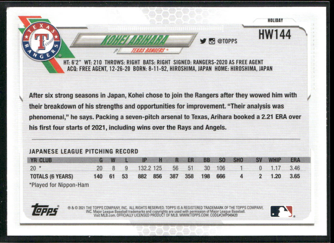 Kohei Arihara 2021 Topps Holiday #HW144 RC Texas Rangers
