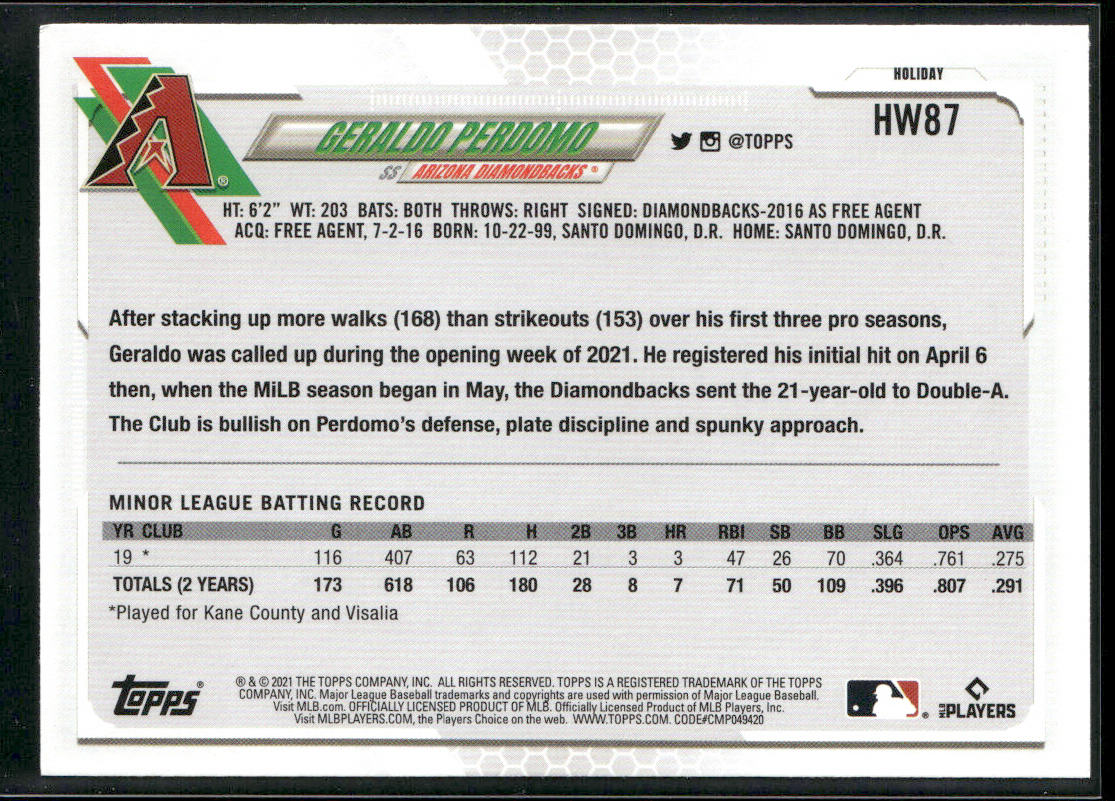 Geraldo Perdomo 2021 Topps Holiday #HW87 RC Arizona Diamondbacks