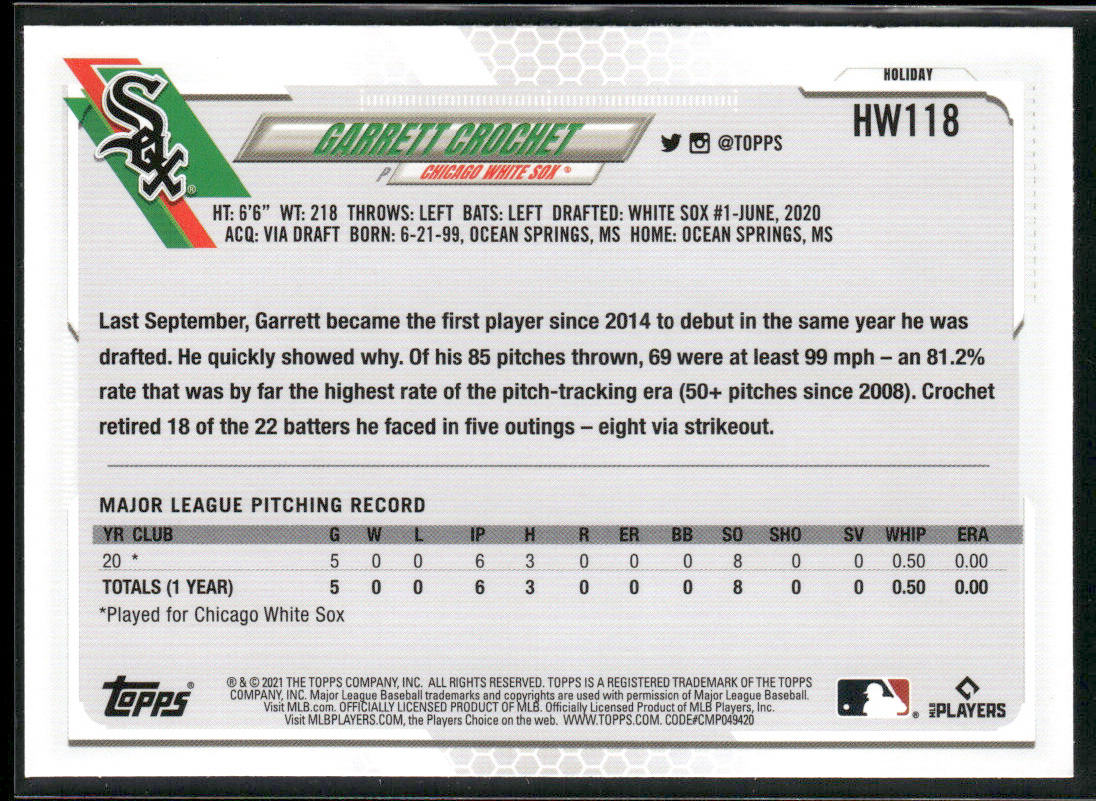 Garrett Crochet 2021 Topps Holiday #HW118 RC Chicago White Sox