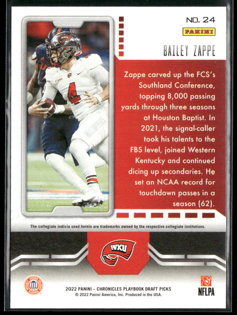 Bailey Zappe 2022 Panini Chronicles Draft Picks Playbook #24 Hilltoppers