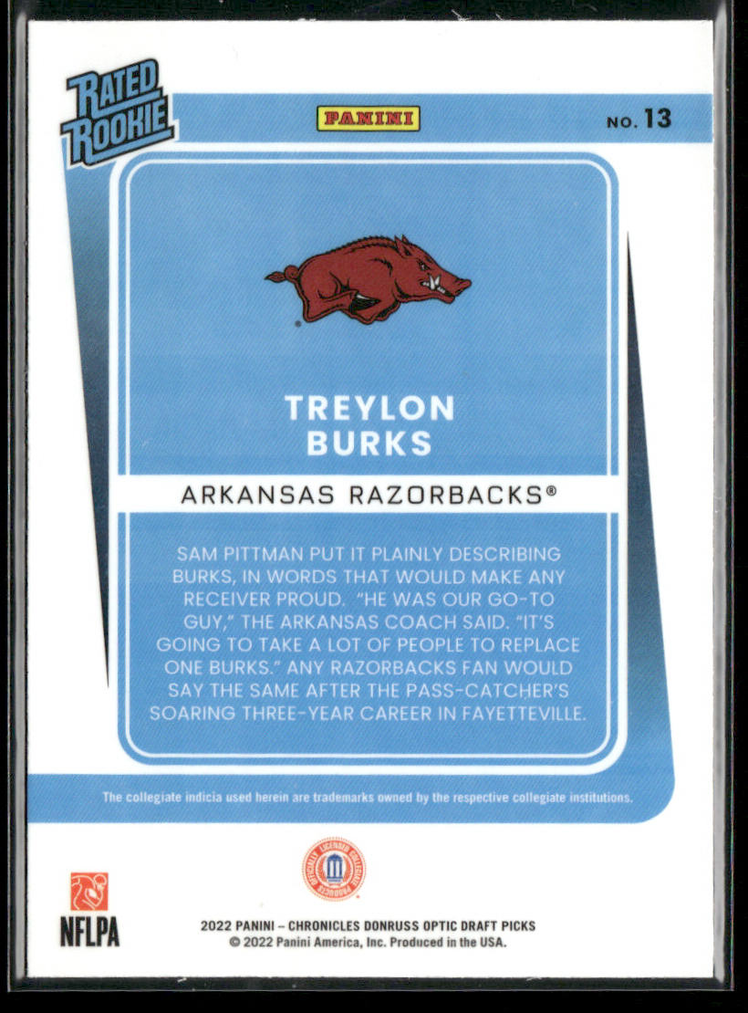 Treylon Burks 2022 Panini Chronicles Draft Picks Donruss Optic Rated Rookie #13