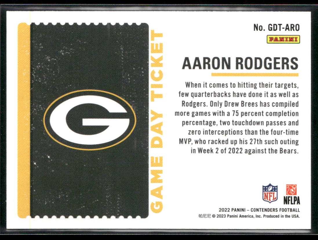 Aaron Rodgers 2022 Panini Contenders Game Day Ticket Emerald #GDT-ARO Packers back