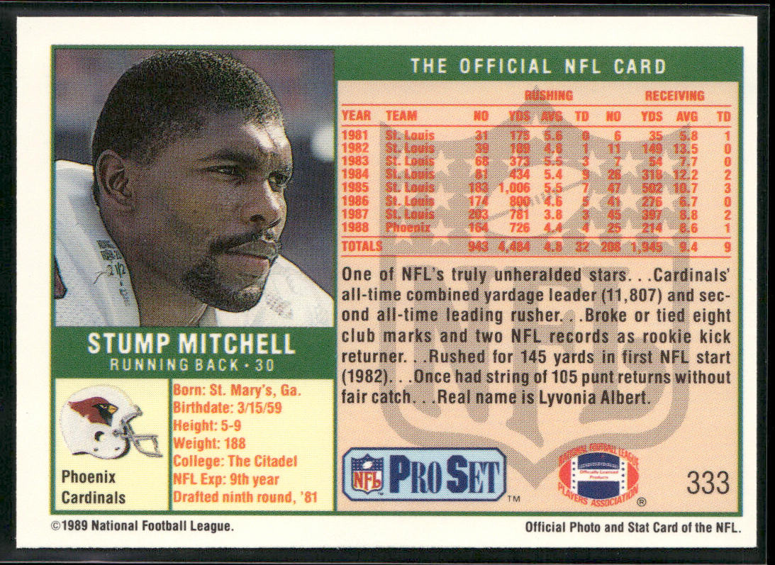 Stump Mitchell 1989 Pro Set #333 Phoenix Cardinals