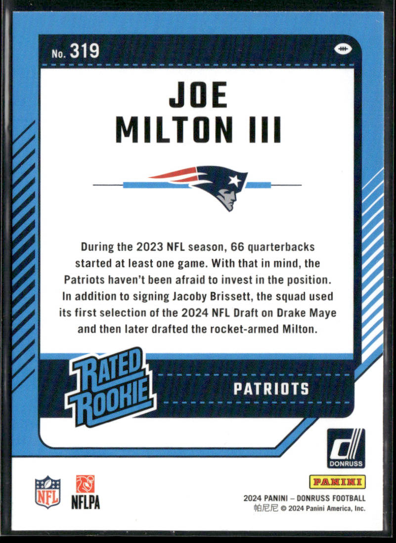 Joe Milton III 2024 Donruss #319 RC New England Patriots
