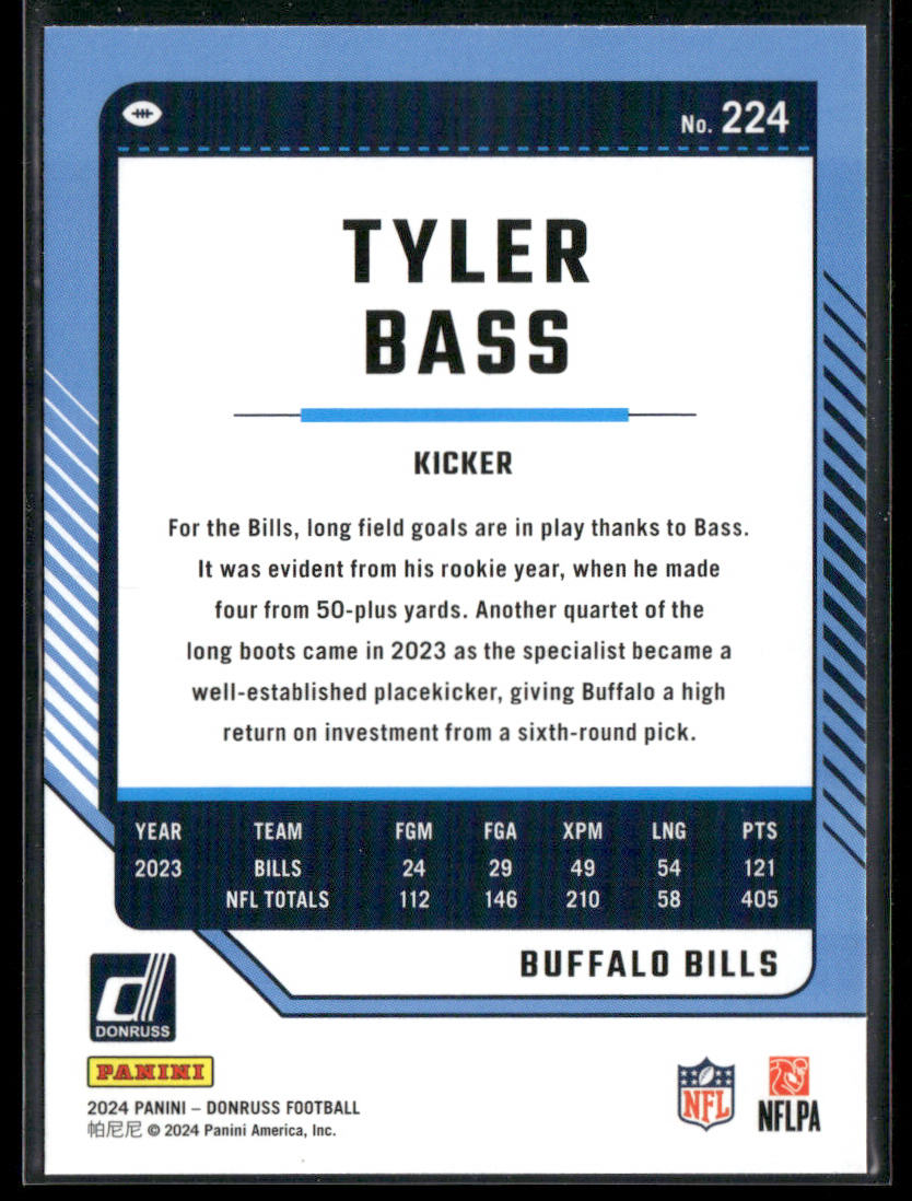 Tyler Bass 2024 Donruss #224 Buffalo Bills back