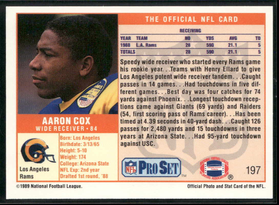 Aaron Cox 1989 Pro Set #197 RC Los Angeles Rams