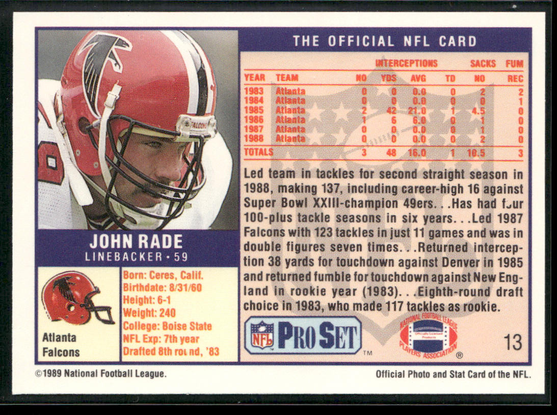 John Rade 1989 Pro Set #13 Atlanta Falcons back