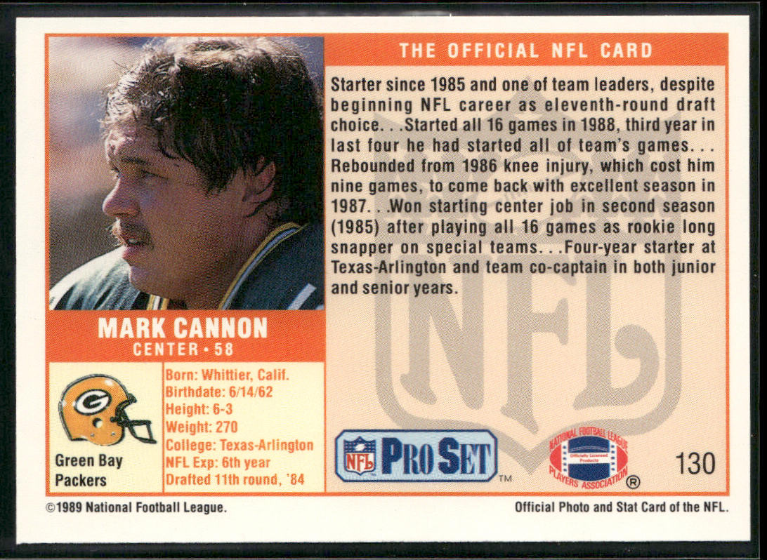 Mark Cannon 1989 Pro Set #130 RC Green Bay Packers