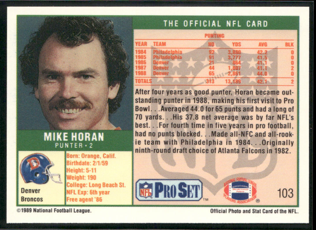 Mike Horan 1989 Pro Set #103 Denver Broncos
