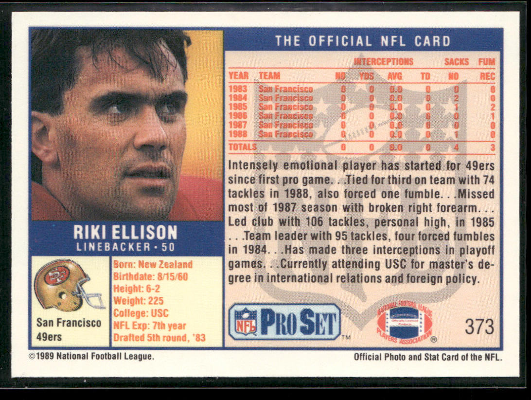 Riki Ellison 1989 Pro Set #373 RC San Francisco 49ers