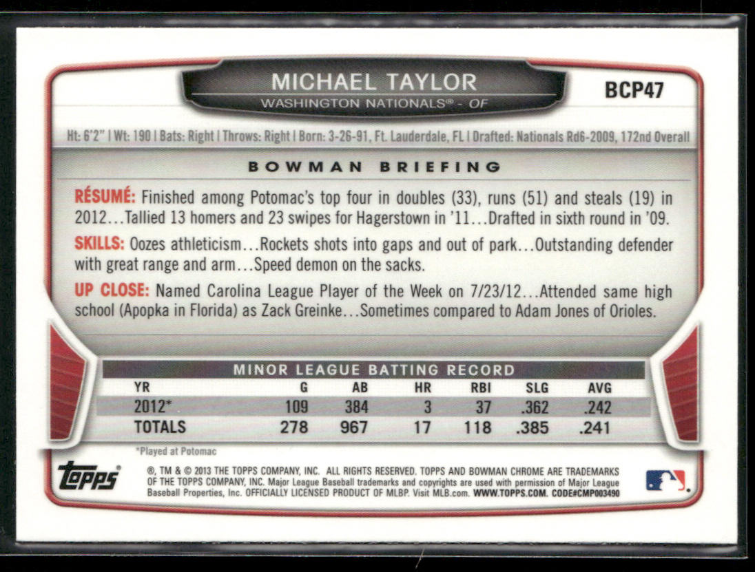 Michael Taylor 2013 Bowman Chrome Prospects #BCP47 Washington Nationals