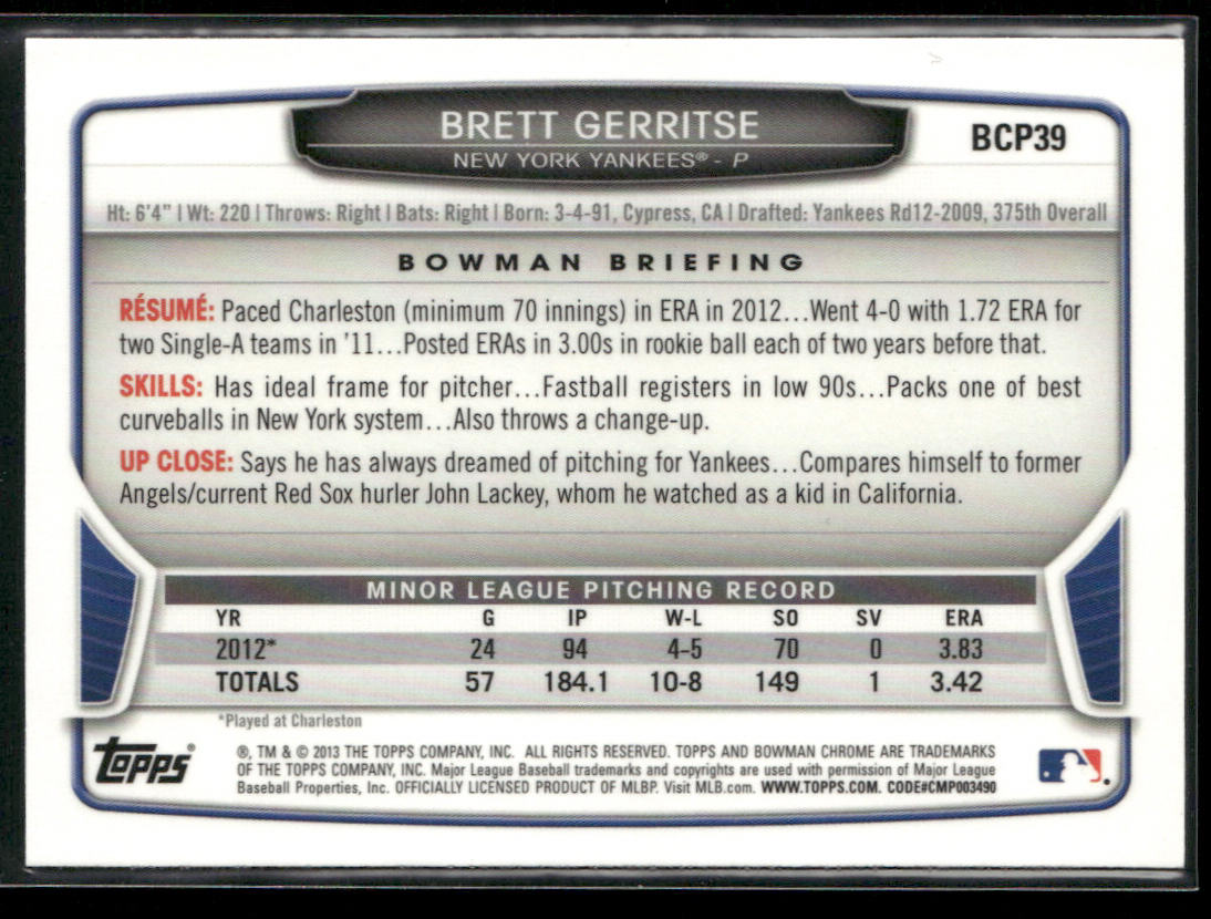 Brett Gerritse 2013 Bowman Chrome Prospects #BCP39 New York Yankees