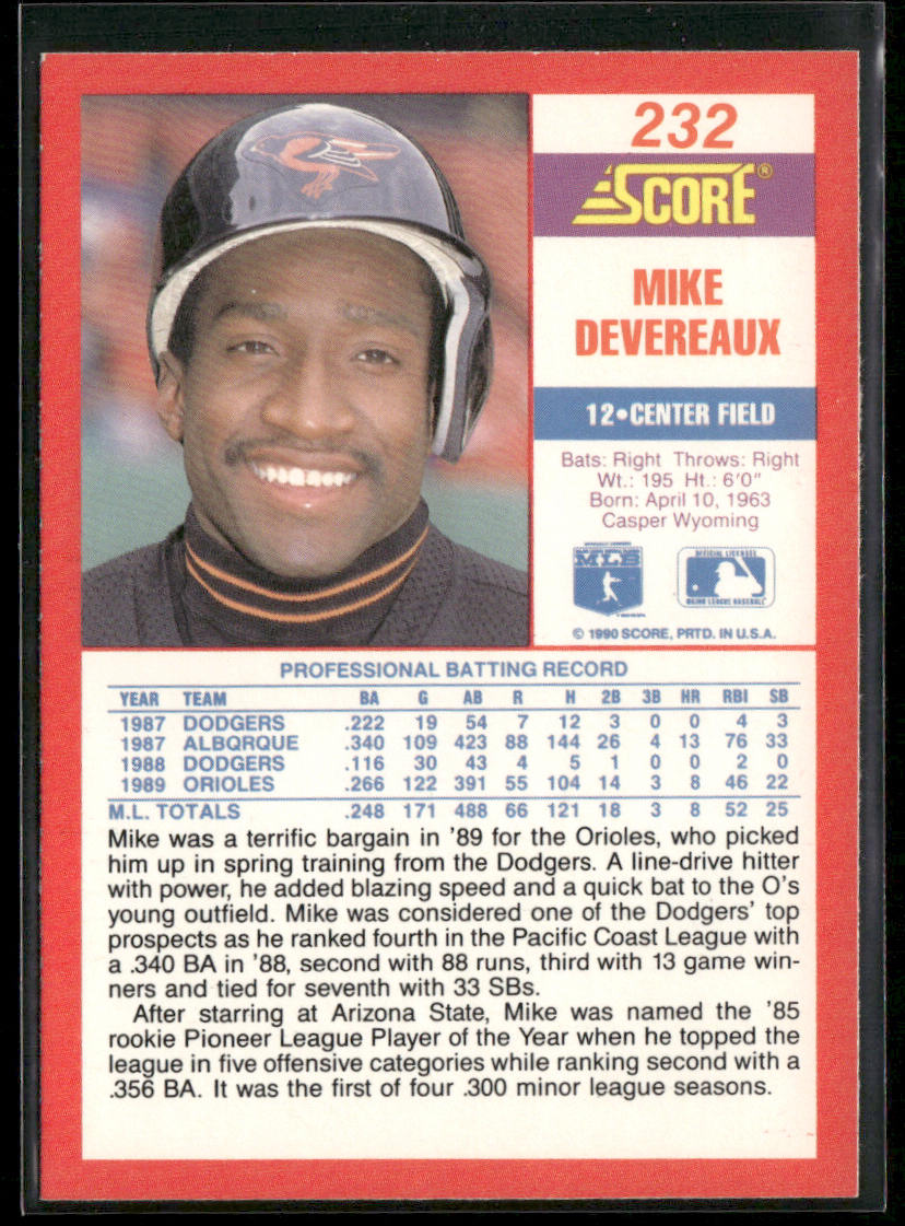 Mike Devereaux 1990 Score #232a Baltimore Orioles