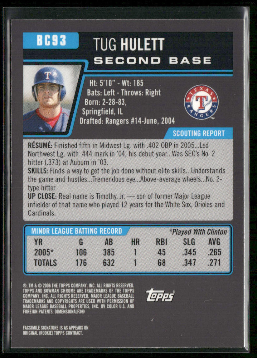 Tug Hulett 2006 Bowman Chrome Prospects #BC93 Texas Rangers