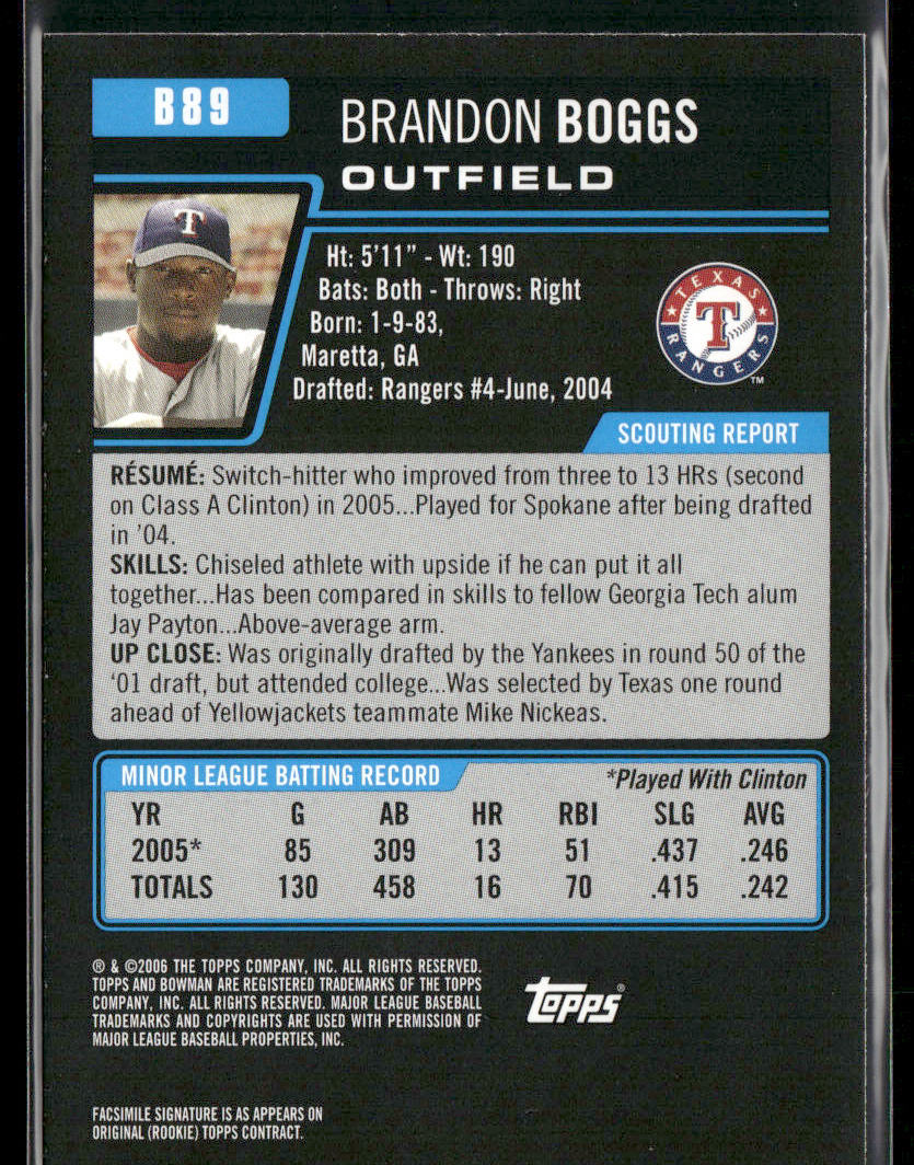 Brandon Boggs 2006 Bowman Prospects #B89 Texas Rangers