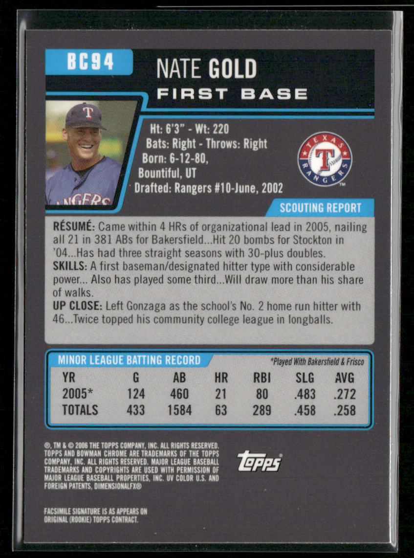 Nate Gold 2006 Bowman Chrome Prospects #BC94 Texas Rangers