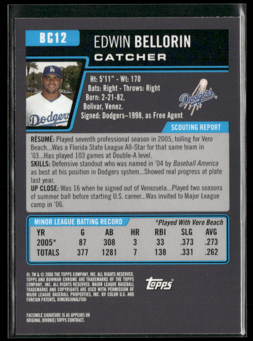 Edwin Bellorin 2006 Bowman Chrome Prospects #BC12 Los Angeles Dodgers