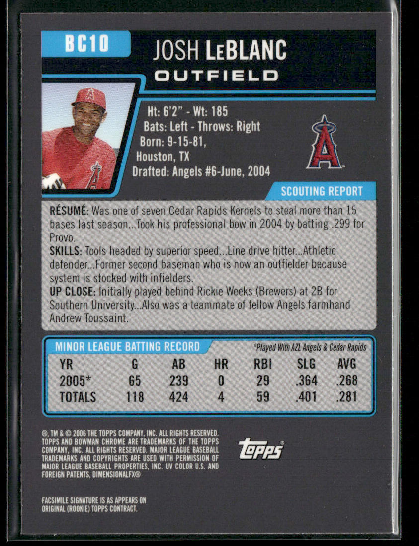Josh LeBlanc 2006 Bowman Chrome Prospects #BC10 Los Angeles Angels