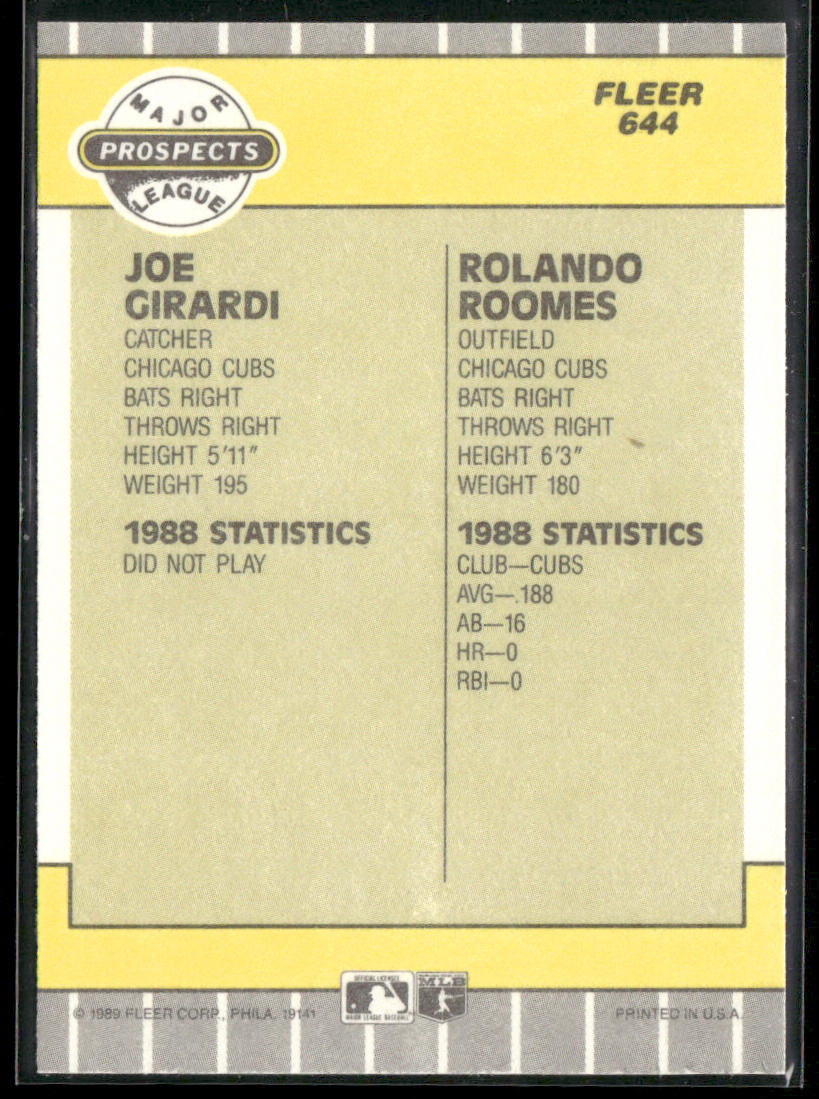 Joe Girardi / Rolando Roomes MLP, RC 1989 Fleer #644 RC Chicago Cubs