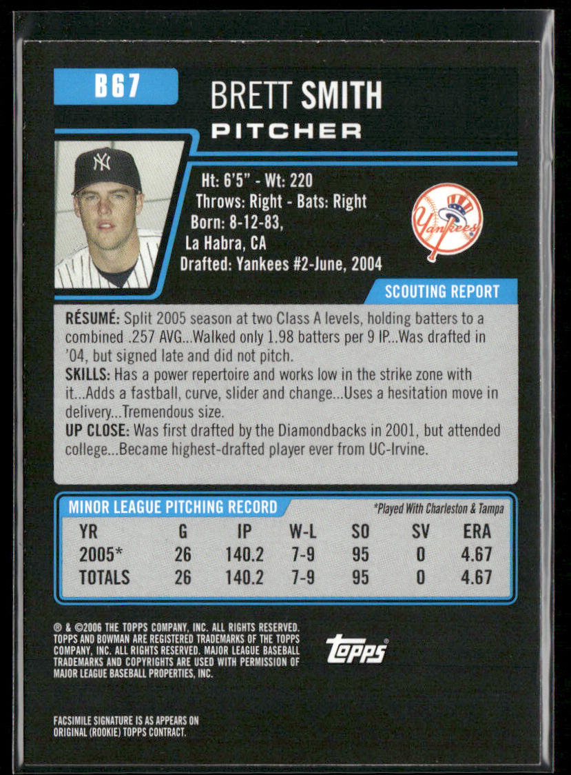 Brett Smith 2006 Bowman Prospects #B67 New York Yankees