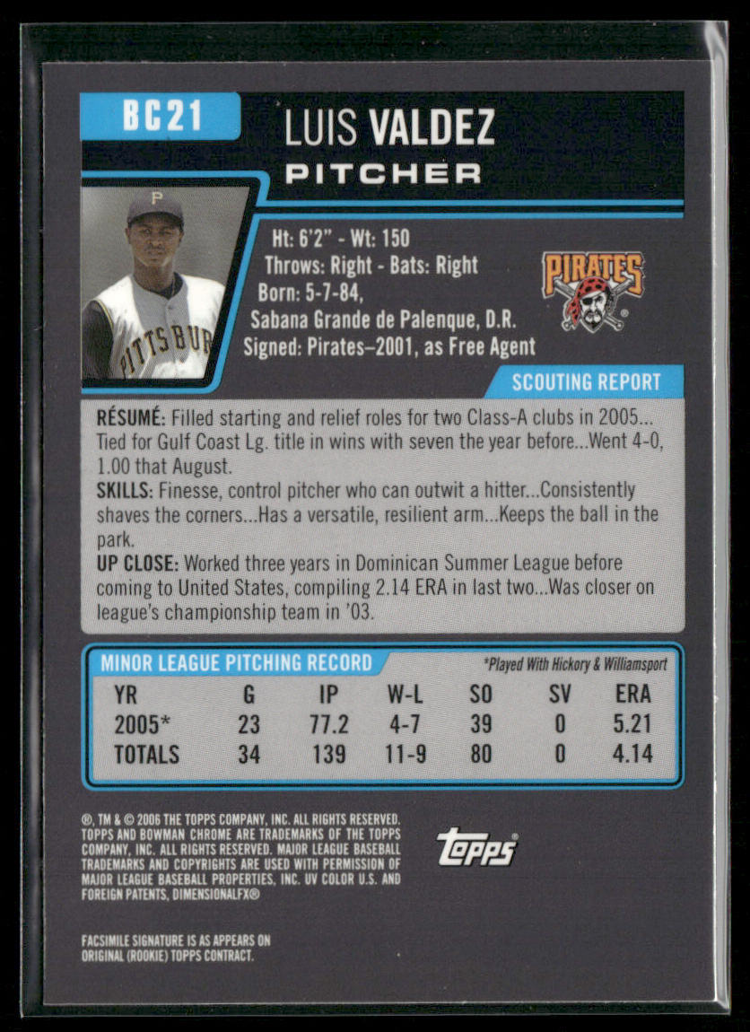 Luis Valdez 2006 Bowman Chrome Prospects #BC21 Pittsburgh Pirates