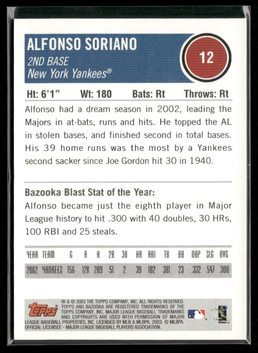 Alfonso Soriano 2003 Bazooka Silver #12 Facsimile autograph New York Yankees