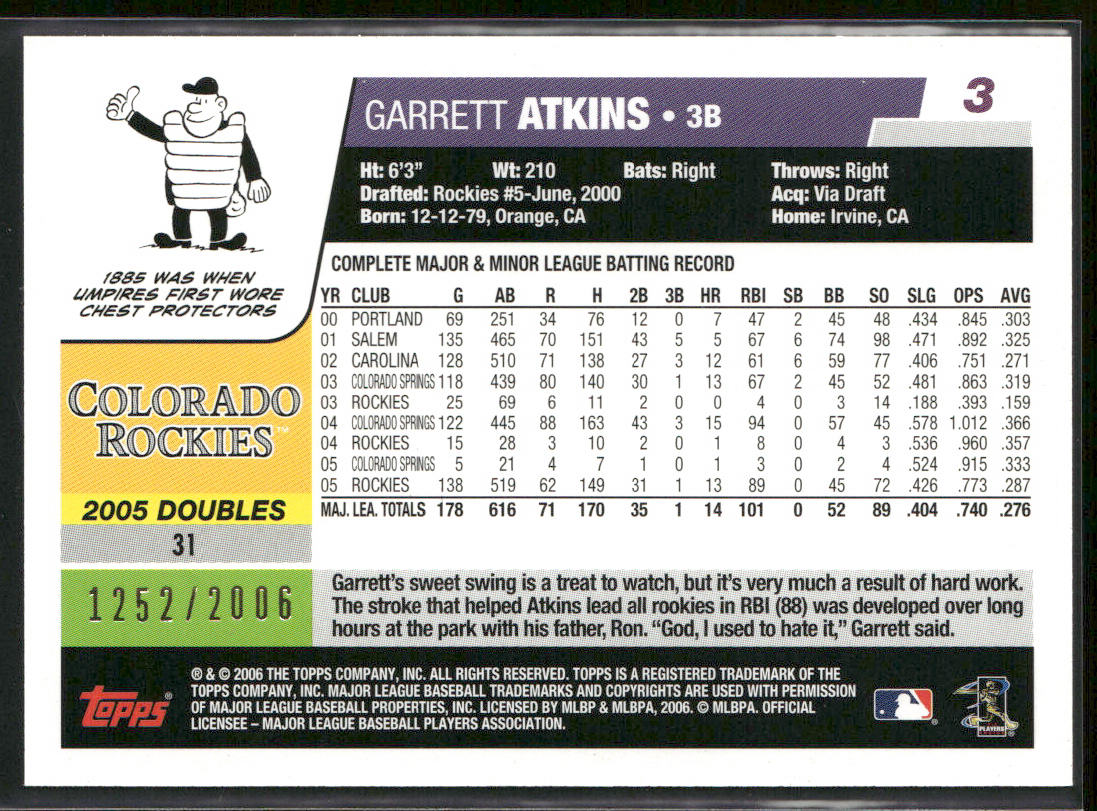 Garrett Atkins 2006 Topps Gold #3 SN Colorado Rockies