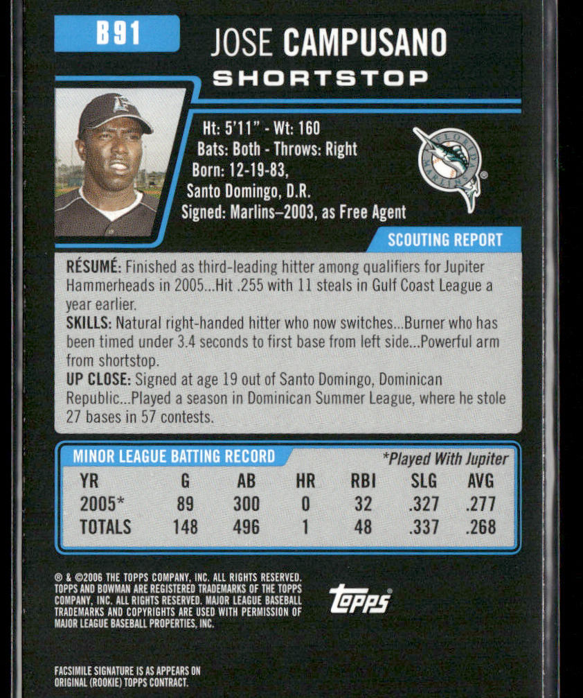 Jose Campusano 2006 Bowman Prospects #B91 Florida Marlins
