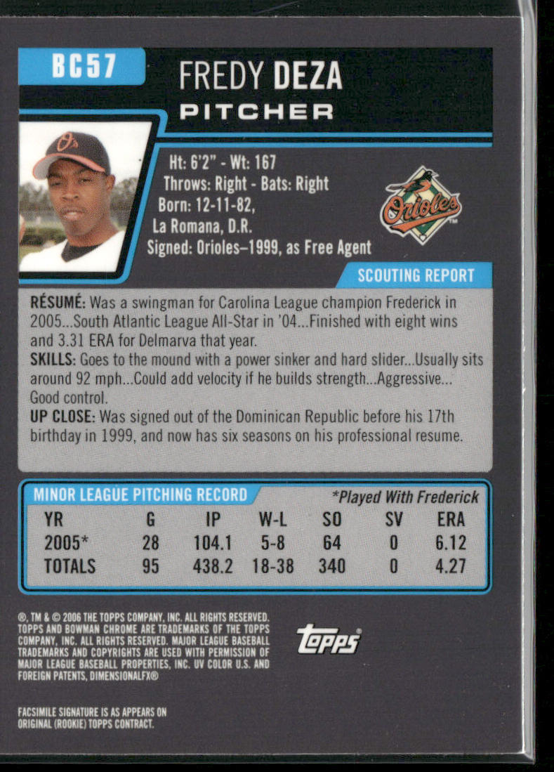 Fredy Deza 2006 Bowman Chrome Prospects #BC57 Baltimore Orioles
