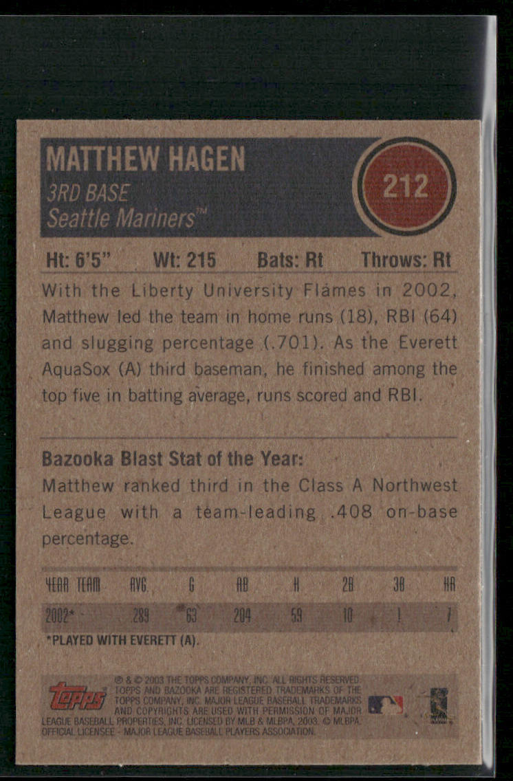 Matthew Hagen 2003 Bazooka Minis #212 RC Seattle Mariners