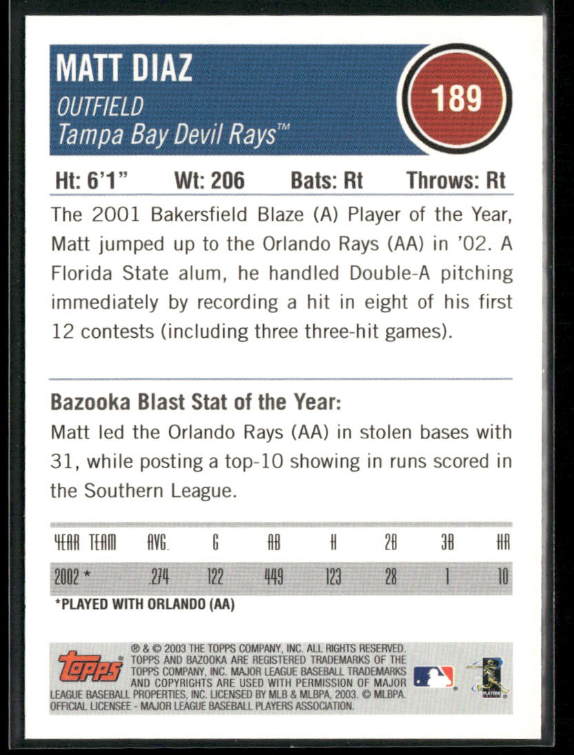 Matt Diaz 2003 Bazooka #189 RC Tampa Bay Devil Rays