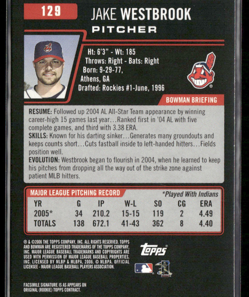Jake Westbrook 2006 Bowman #129 Cleveland Indians