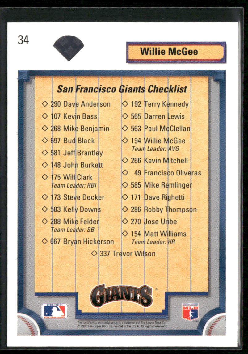Willie McGee 1992 Upper Deck #34 San Francisco Giants