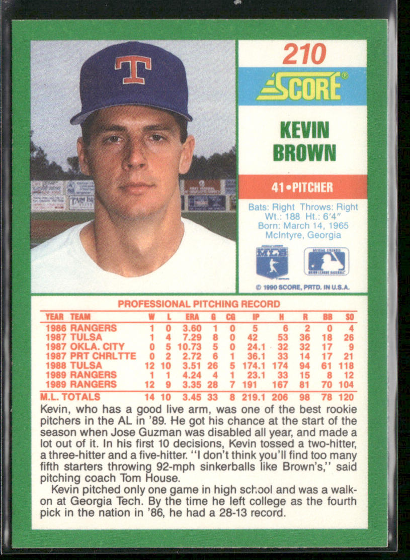 Kevin Brown 1990 Score #210 Texas Rangers